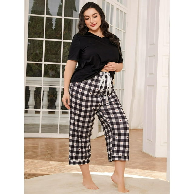 Plus Size Mujer Pijama Set 2 Piezas Cuello en V Manga Corta Top y Pantalones a Cuadros