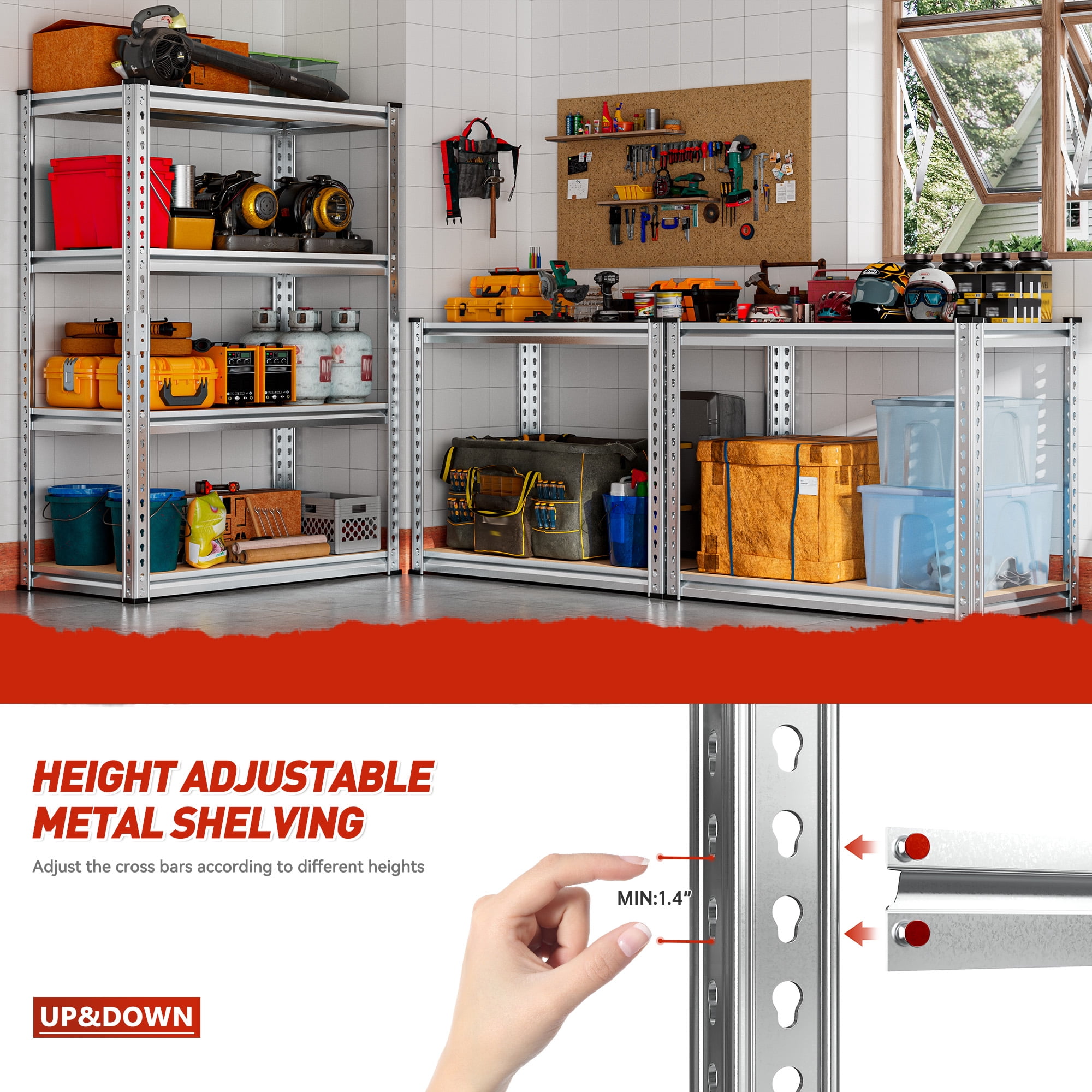 REIBII 56.7"H 4 Tier Garage Shelves for Storage Shelving Adjustable Units Heavy Duty Shelf, Silver