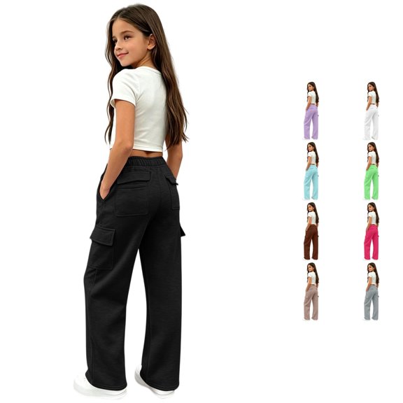 WERYOUNG Girls Pants Solid Color Wide Leg Cargo Sweatpants High Waist Elastic Drawstring Pocket Casual Street Trousers For Toddler Big Kids Soft Bottom 5-6 Years