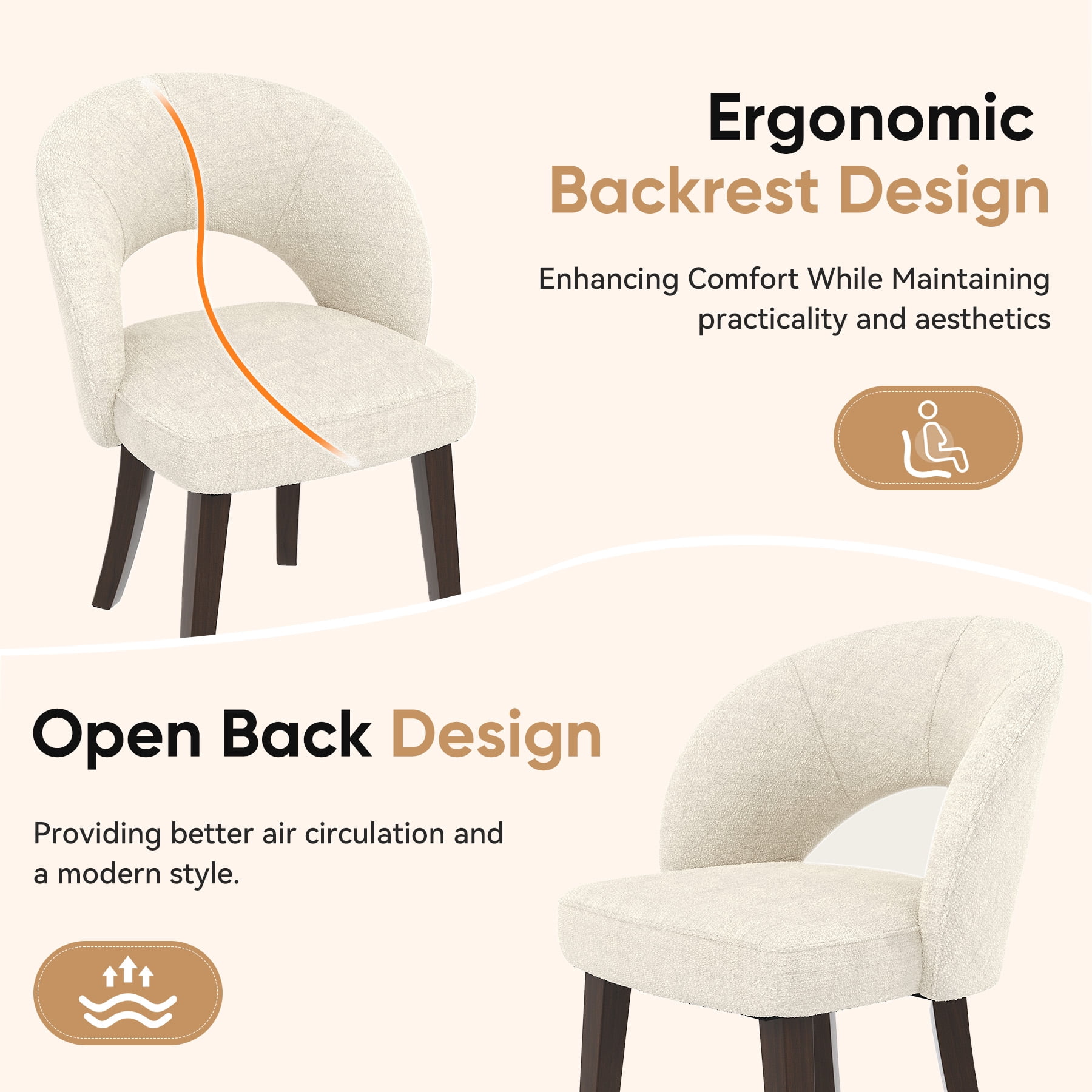 MOONNISS Upholstered Dining Chairs Set of 4, Mid Century Modern Dining Chairs with Solid Wood Legs, Curved Back Kitchen Chairs, Farmhouse Side Chairs for Dining Room,White