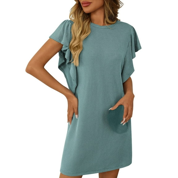 qolati Summer Dresses for Women 2025 Crew Neck Flounce Cap Sleeve Beach Sundress Casual Basic Loose Ribbed Tunic Mini Dresses