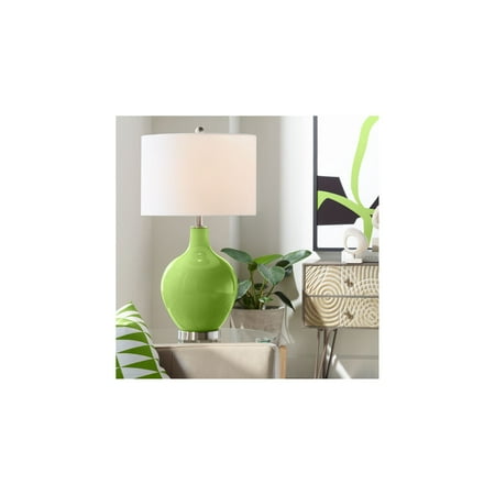 Color Plus Modern Table Lamp Gecko Green Glass Ovo White Linen Drum Shade for Living Room Family Bedroom Bedside Nightstand