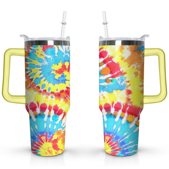 40oz Boho Tie Dye Stainless Steel Flip Straw Tumbler Spill Proof Travel Cup Double Wall Vacuum Insulated Coffee Mug with Top Handle