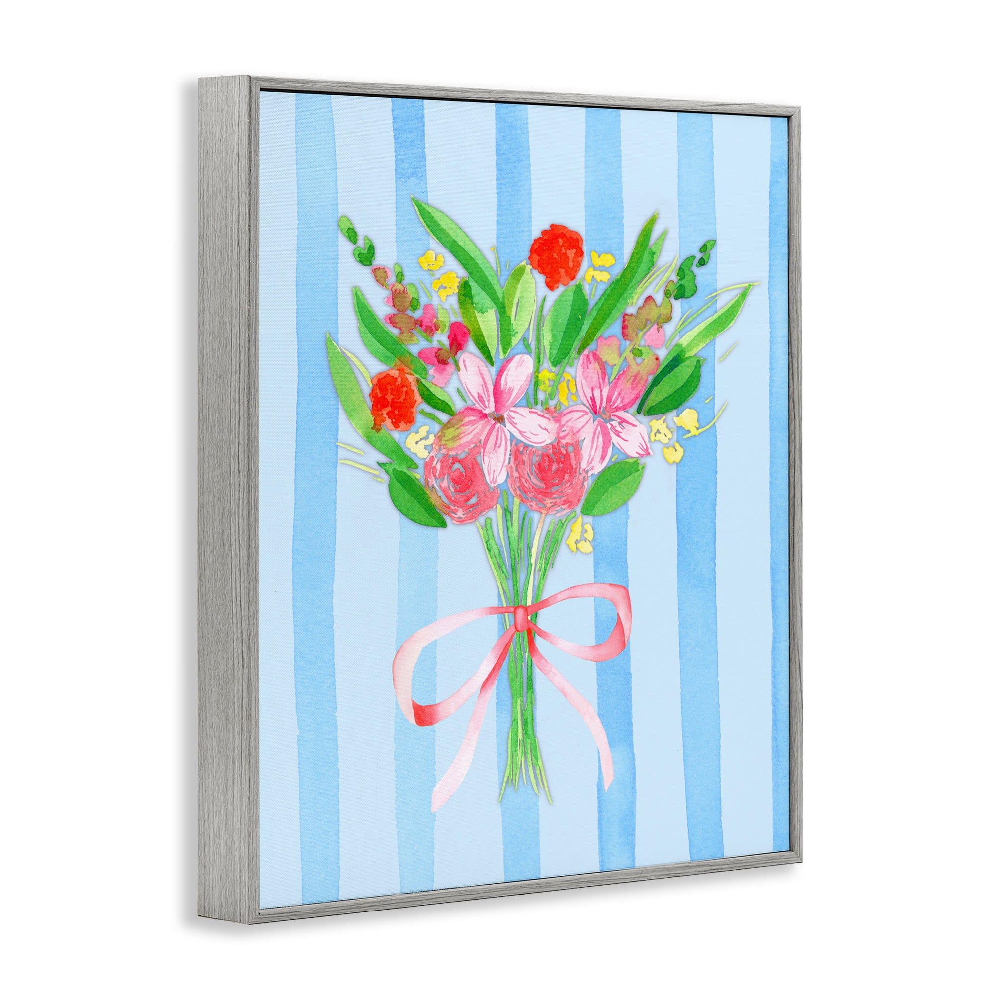 Bright Springy Bouquet Stripes Gray Framed Giclee Art, design by Nina Jacobs