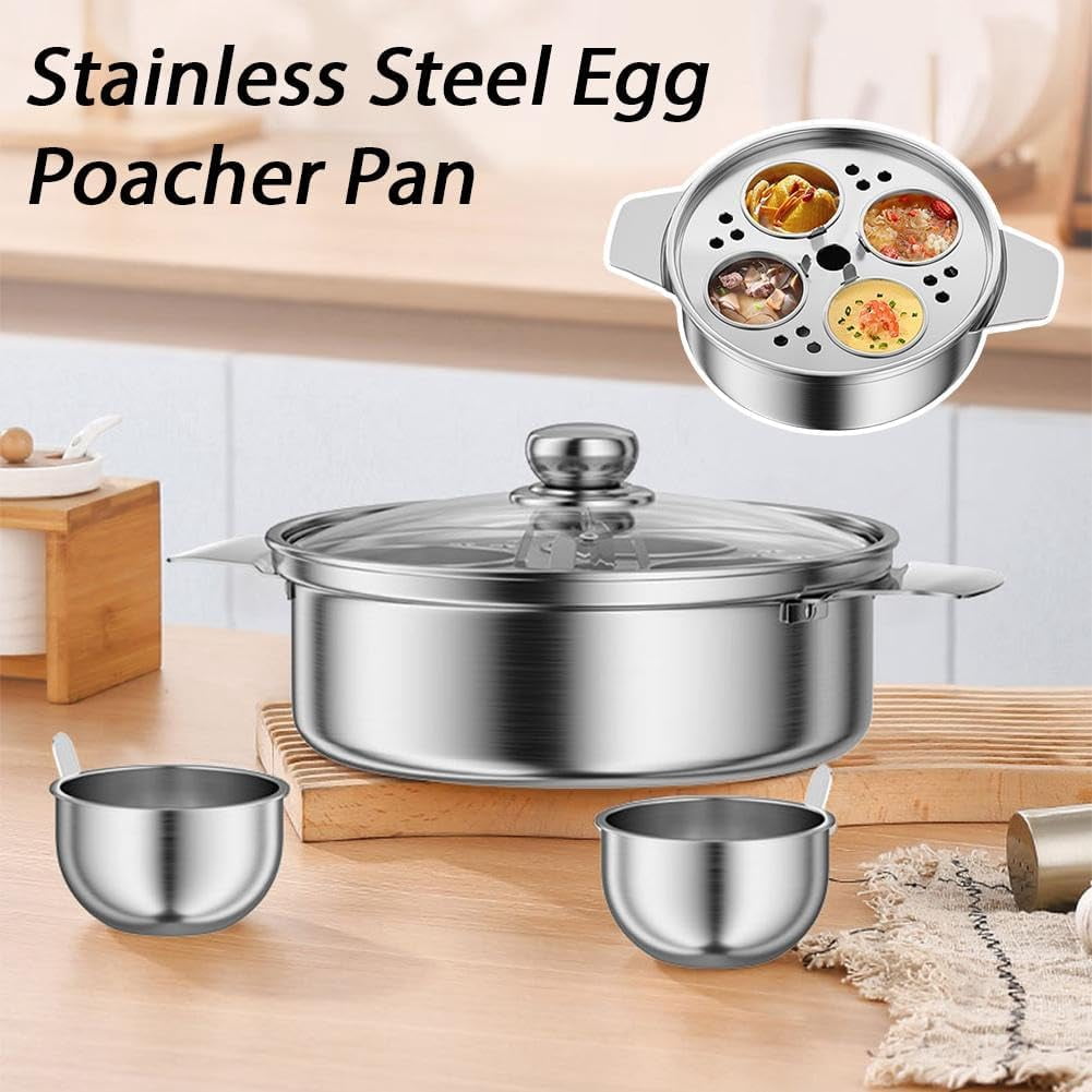 Egg Poacher Pan with 4 Cups, Stainless Steel Egg Poaching Pan, Poached Eggs Cooker, Eggs Cooker with Glass Lid and Heat Resistant Handle, Multifunctional Poacher Pans for Breakfast