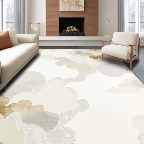 Flatwoven High Traffic Area Rug, Luxurious Cloud Swirl Ultra Area with Curved Abstract Motifs, Non Slip, Stain Resistant, Washable Area Rugs for Living Room, Bedroom(Beige, 4X6)