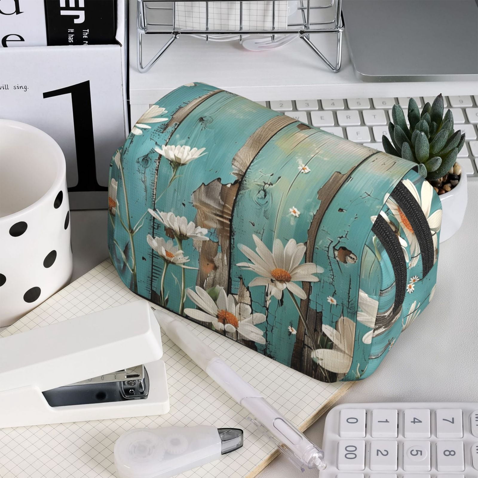 Large-Capacity Flip-Top Double-Layer Pencil Case, Multi-Functional Pocket Pen Case, Durable Stationery Organizer Turquoise Wood Farmhouse Sunflowers (9)