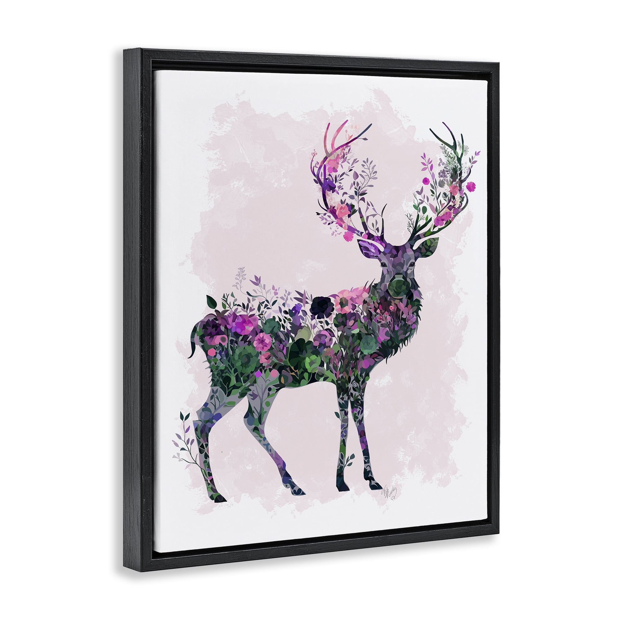 Stupell Industries Wildflower Patterned Deer Animals & Insects Painting Black Floater Framed Canvas Art Print Wall Art, 25 x 31
