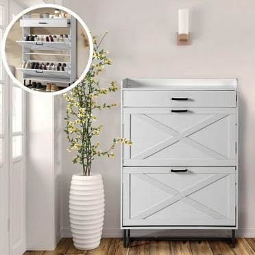 Modern White Wood Shoe Cabinet with 2 Flip Drawers - Shoe Rack Organizer, Freestanding Tipping Bucket Shoe Storage Cabinet for Entryway.