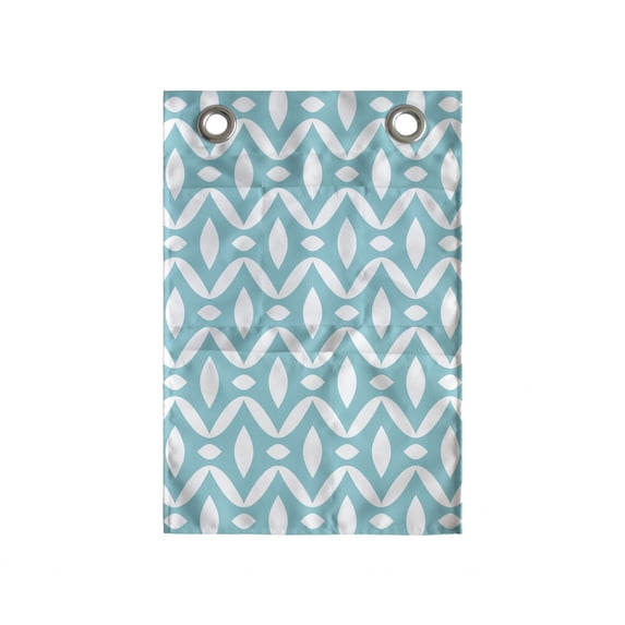 Abstract Hanging Pocket Organizer, Ornamental Pattern of Symmetrical Horizontal Shapes and Wavy Streaks, Printed Polyester Storage Bag with Pockets, 14" x 20", Seafoam and White