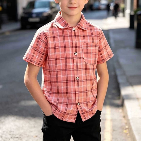 Camiseta infantil manga corta a cuadros con solapa niño/niña, casual verano, poliéster, colores rojo, gris, caqui, verde, amarillo, tallas 90-150 (1-12 años).