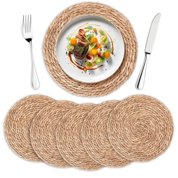 Surpdew 6 Pieces Round Woven Placemats 12 Inch Boho Rattan Placemats Set of 6 Farmhouse Braided Place Mats Woven Plate Chargers Rustic Wicker Table Mats for Dining Table