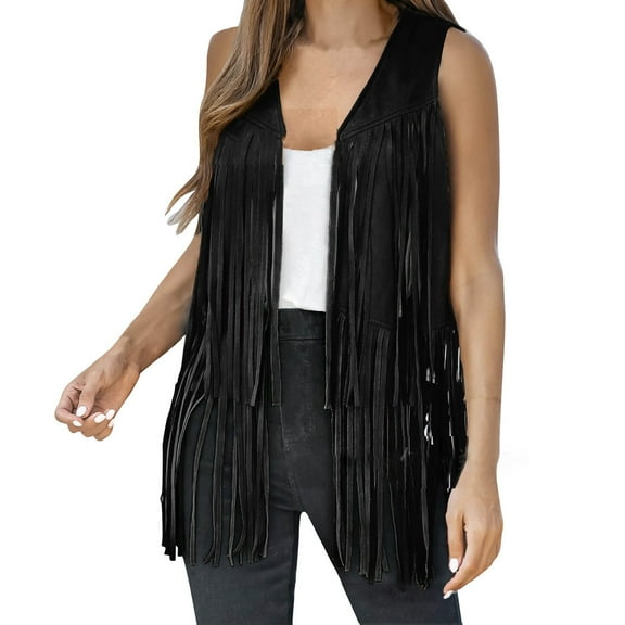 MESSUEN Long Vest Women Womens Sleeveless Cardigan Womens Summer Tops Casual 70s Hippie Western Faux Suede Tassel Leather Outerwear Summer Tank Tops for Women Summer Tops Black L