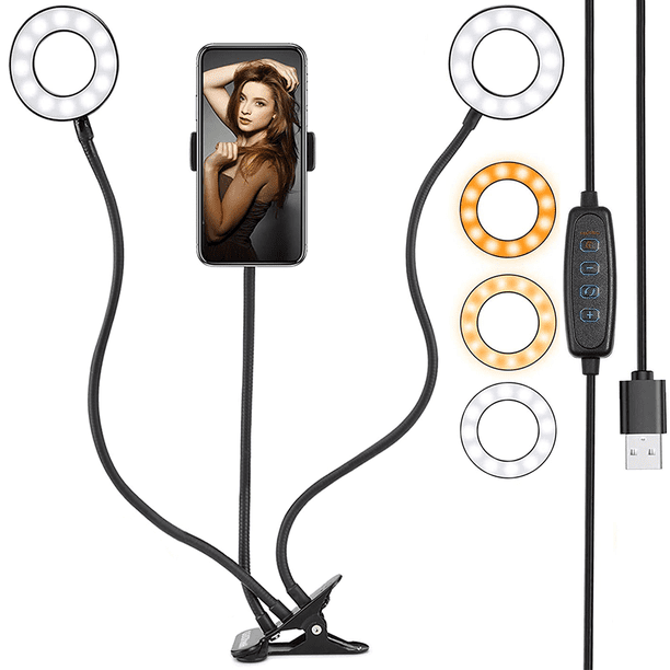 Luz doble de anillo negro con soporte para teléfono celular para transmisión en vivo/maquillaje, iluminación de cámara LED con brazos flexibles compatible con todos los modelos de iPhone y teléfonos