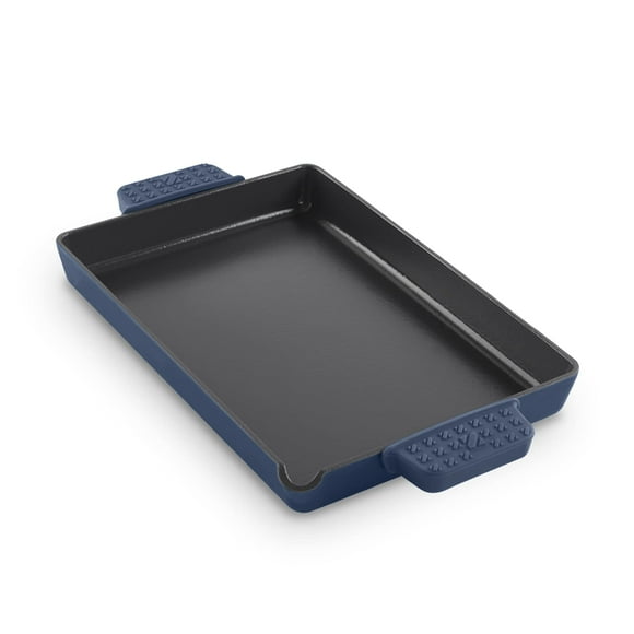 DASH Zakarian by Dash 9""x13"" Nonstick Cast Iron Pan with Pour Spout and Removable Silicone Grips for Searing Baking Broiling Grilling and more - Blue