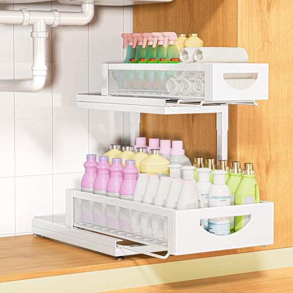 nder Sink Organizer and Storage for Bathroom and Kitchen - 1 Pack 2 Tier Under Cabinet Pull Out Shelf Organizers - Slide Out Drawer Organization for Home Cabinets Shelves and Drawers