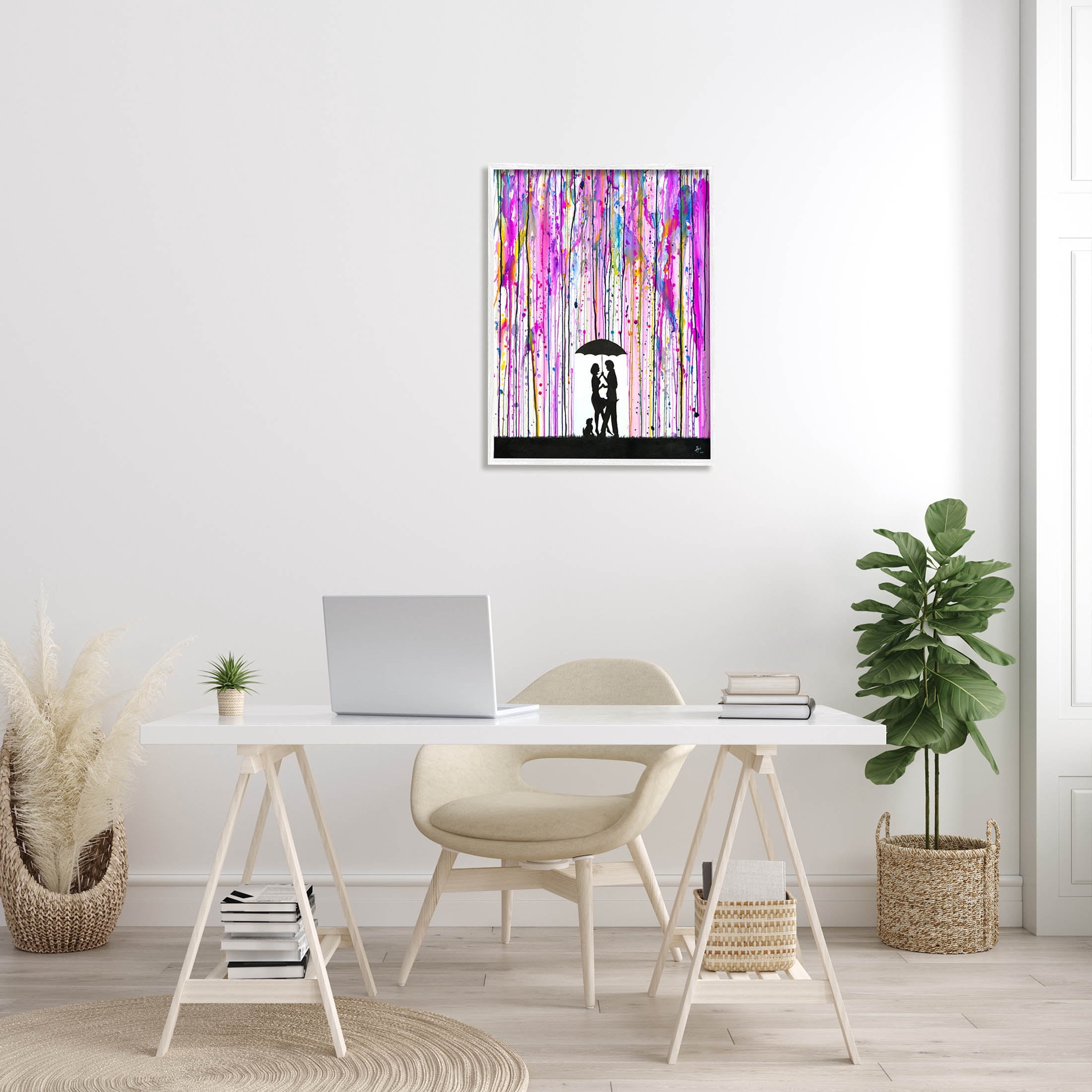Bold Purple Rainfall Family Silhouette Abstract Graphic Art White Framed Art Print Wall Art