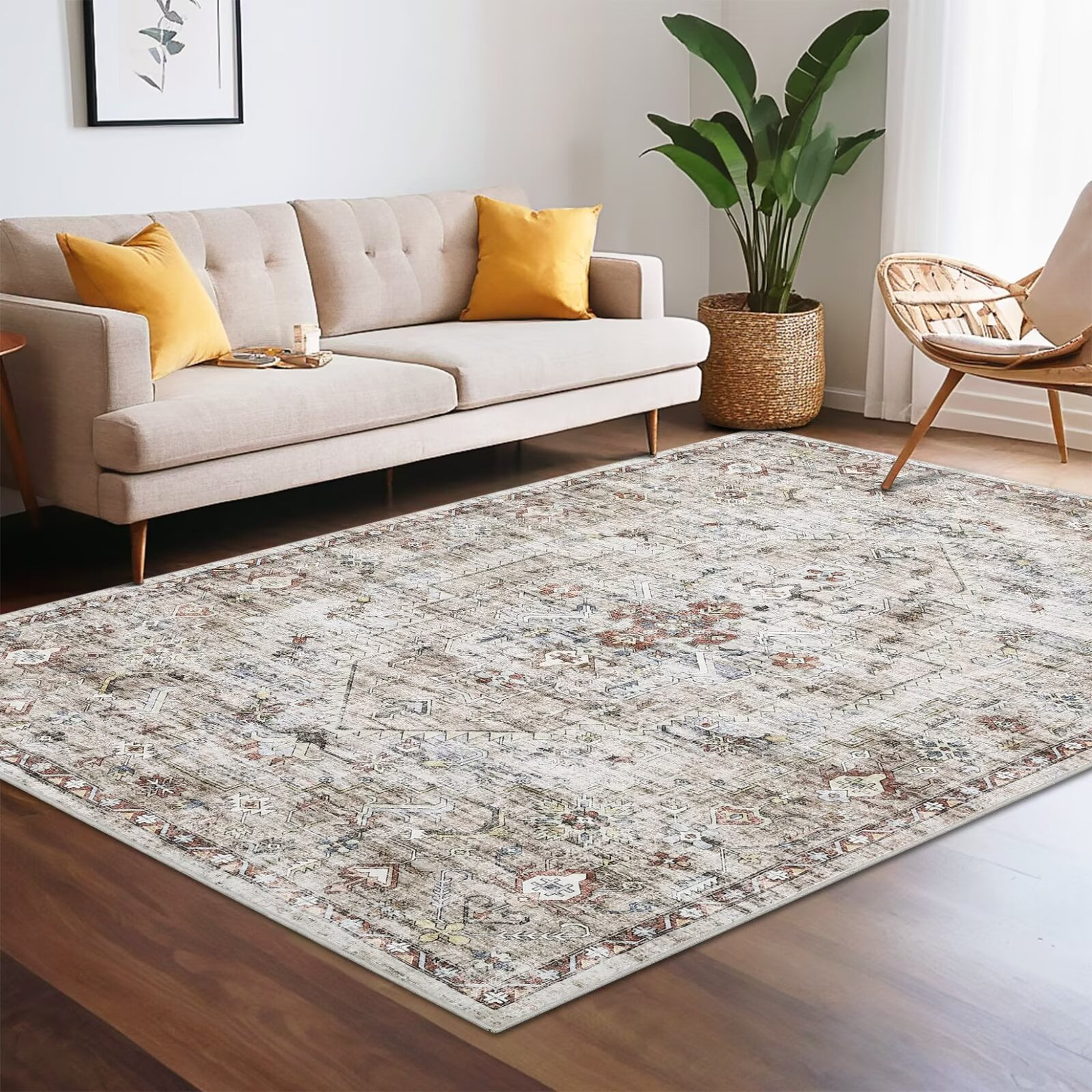 Hasoo 5' x 7' Area Rug for Living Room Boho Vintage Rug Non Slip Throw Rugs Floral Bedroom Rug, Brown