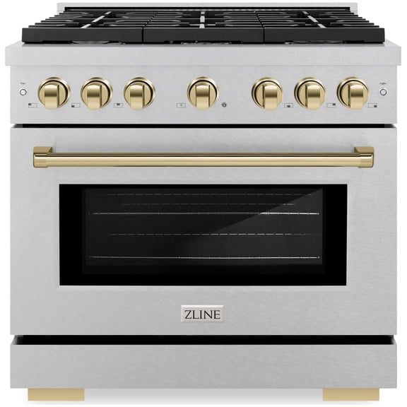 ZLINE Autograph Edition 36 in. 5.2 cu. ft. Paramount Gas Range with 6 Burner Cooktop and Convection Gas Oven in DuraSnow Stainless Steel and Polished Gold Accents (SGRSZ-36-G)