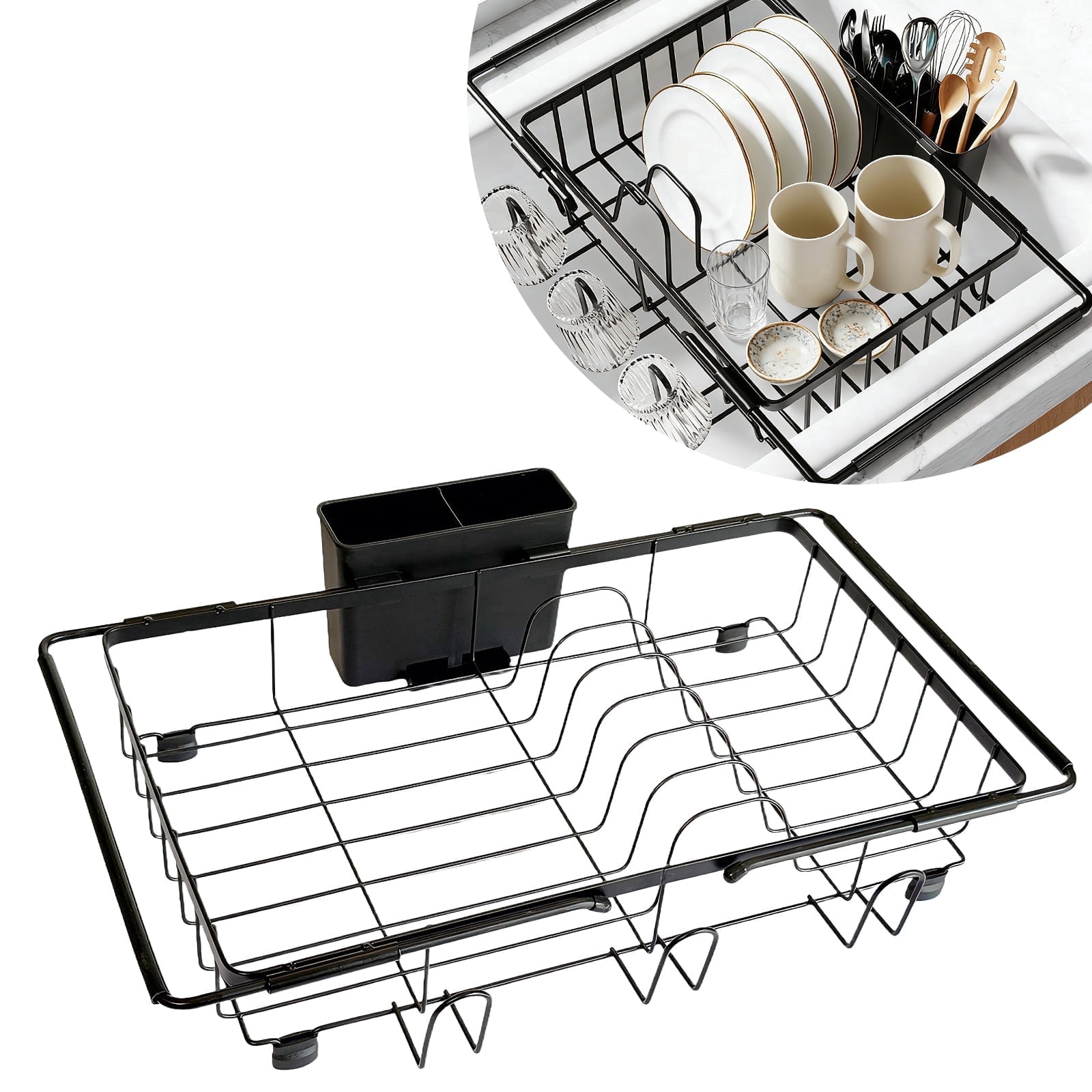 Dish Drying Rack in Sink , Expandable Stainless Steel Dish Rack Over The Sink, Kitchen Sink Drain Strainer with Cutlery Holder & Cup Holders, Fruit and Vegetable Drain Basket,15.74 x 10 x 3 Inch