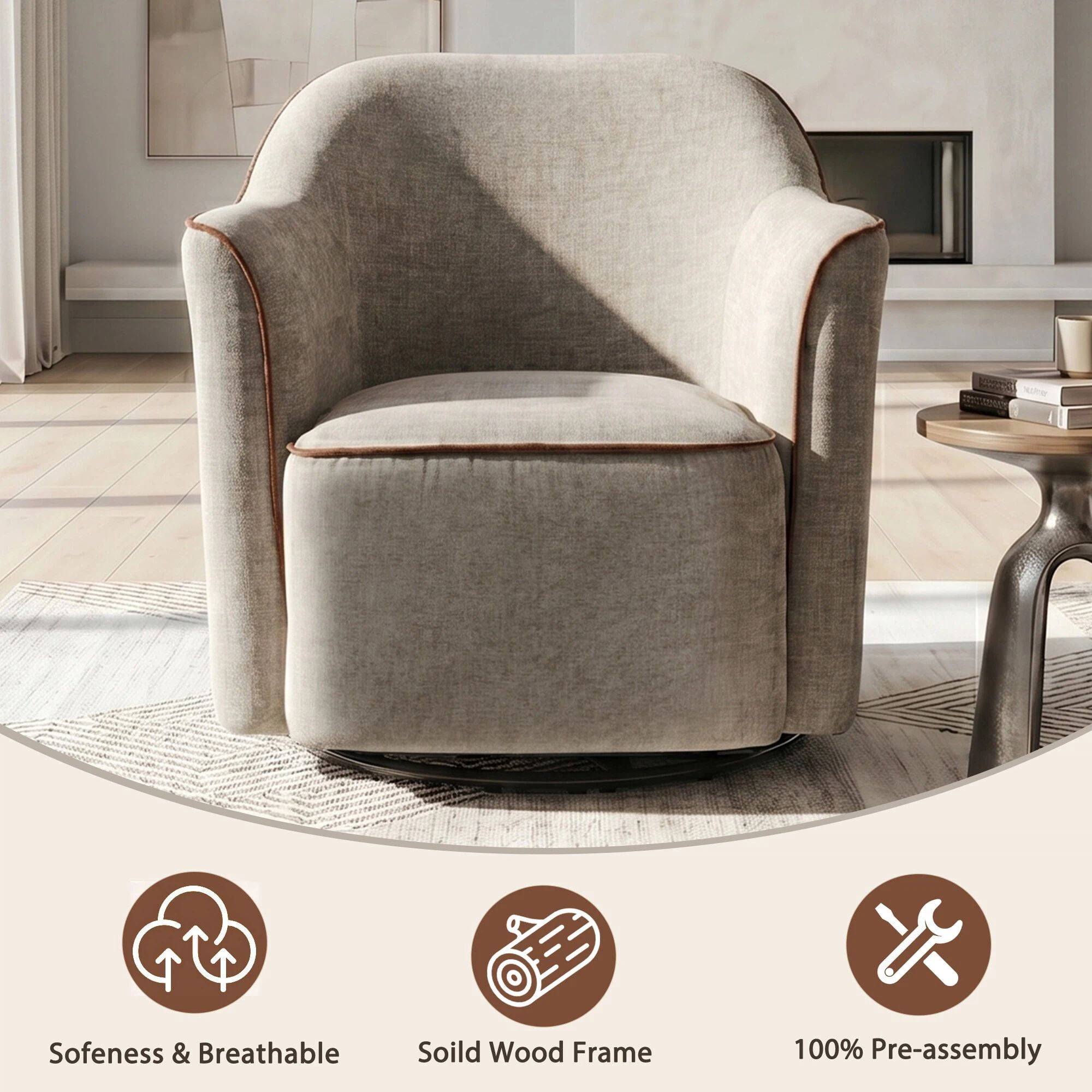Euroco 360° Swivel Accent Chair, Chenille Upholstered Barrel Chair with Flared Arms, Modern Reading Armchair for Living Room, Bedroom and Office,Grey