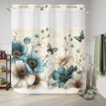 thumbnail image 6 of No Hook Shower Curtain, Teal Tulip Butterfly Shower Curtains for Bathroom with See Through Top Window, Turquoise Floral Farmhouse Beige Waterproof & Washable Bath Curtain 66"x72", 6 of 9