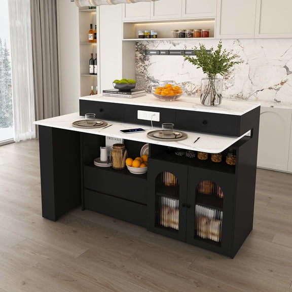 47-Inch Extendable & Rotating Kitchen Island with Marble Veneer, MDF Retro Design, 4 Drawers & Glass Cabinets, Built-in Outlet, Expandable Dining Station for 2-4 People, Black