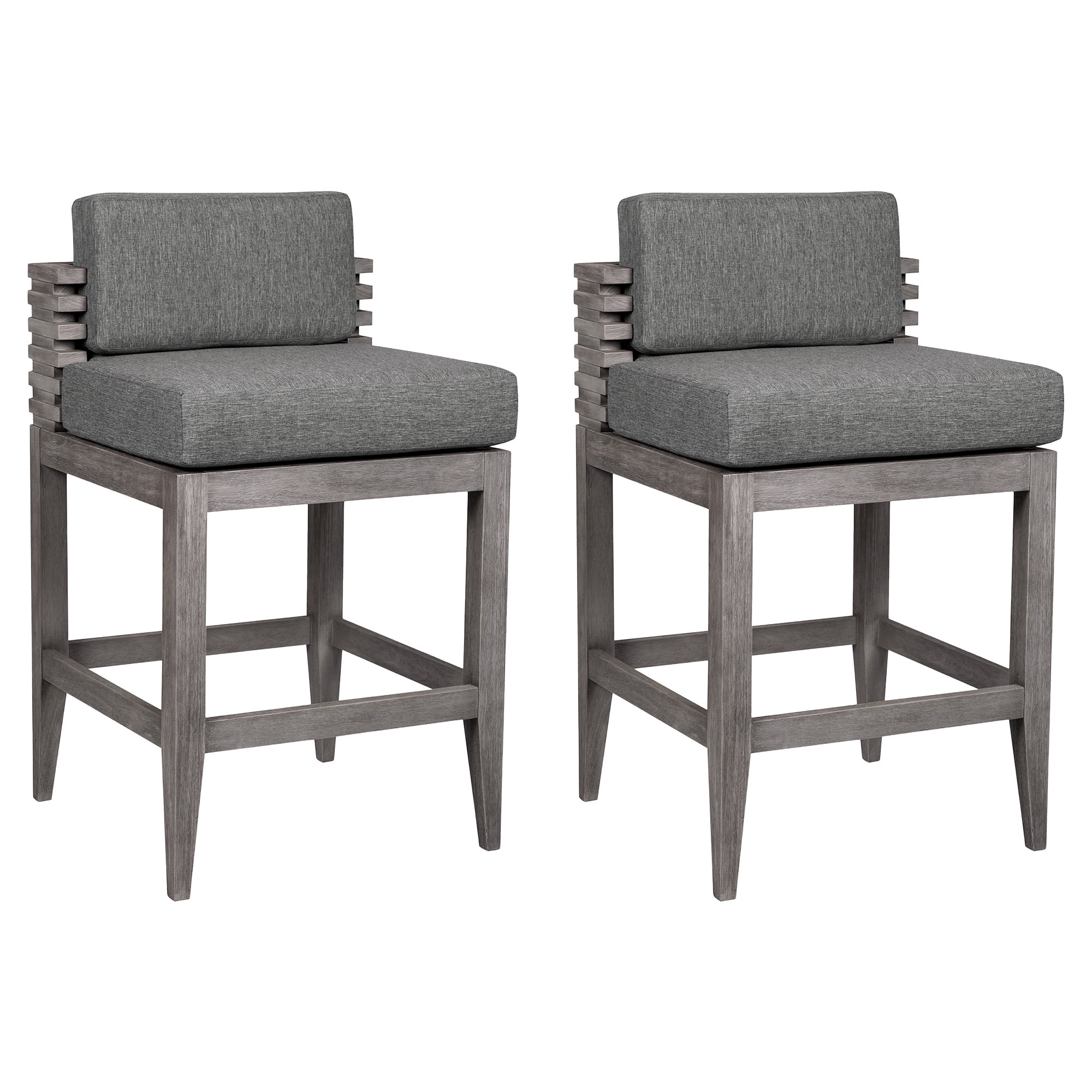 Vivid Outdoor Patio Bar Stool in Gray Eucalyptus Wood with Gray Olefin Cushions - Set of 2