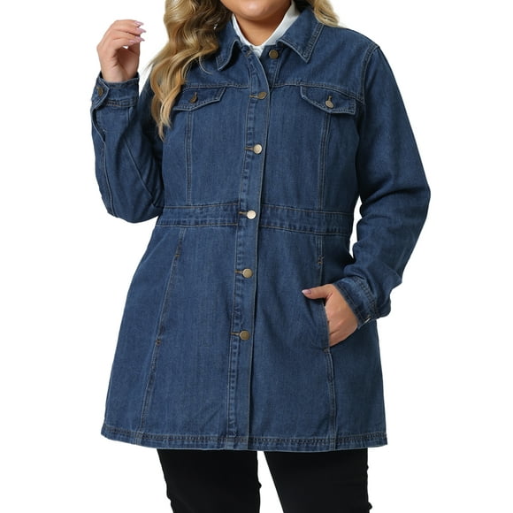 Plus Size Denim Jacket for Women Buttons Long Sleeve Jean Jackets 1X Blue