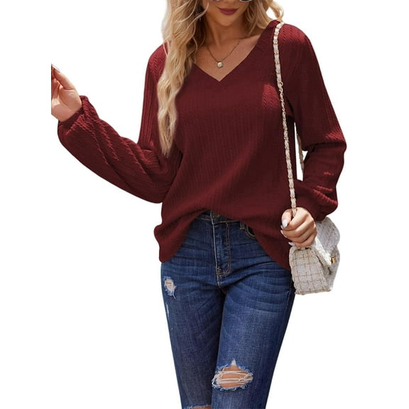 Women'S Long Sleeve V Neck Lantern Blouse Dressy Casual Ribbed Knit Tunics Loose Fit Fall Shirts 2025 Wine Red XXL