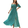 thumbnail image 2 of Usmixi Formal Dresses for Women Short Sleeve Square Neck Striped Print Summer Maxi Dresses Beach Holiday Elastic Waist Slit Party Dress Green L Up to 65% off, 2 of 7