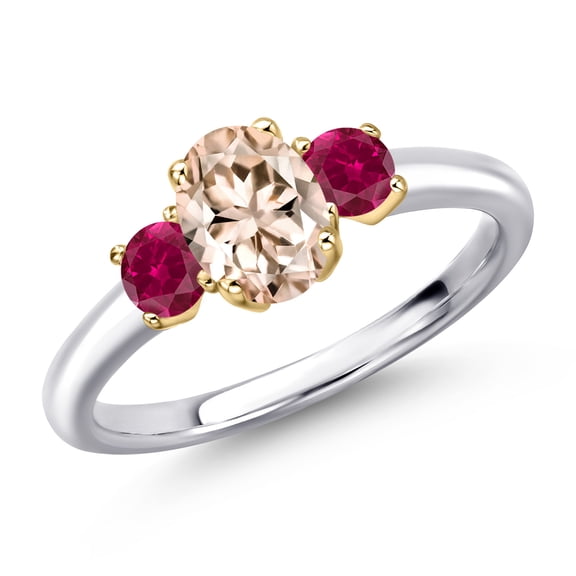 Gem Stone King 10K Two Tone Gold Peach Morganite and Red Created Ruby Engagement Ring for Women | 1.15 Cttw | Oval 7X5MM | Gemstone October Birthstone | Size 6