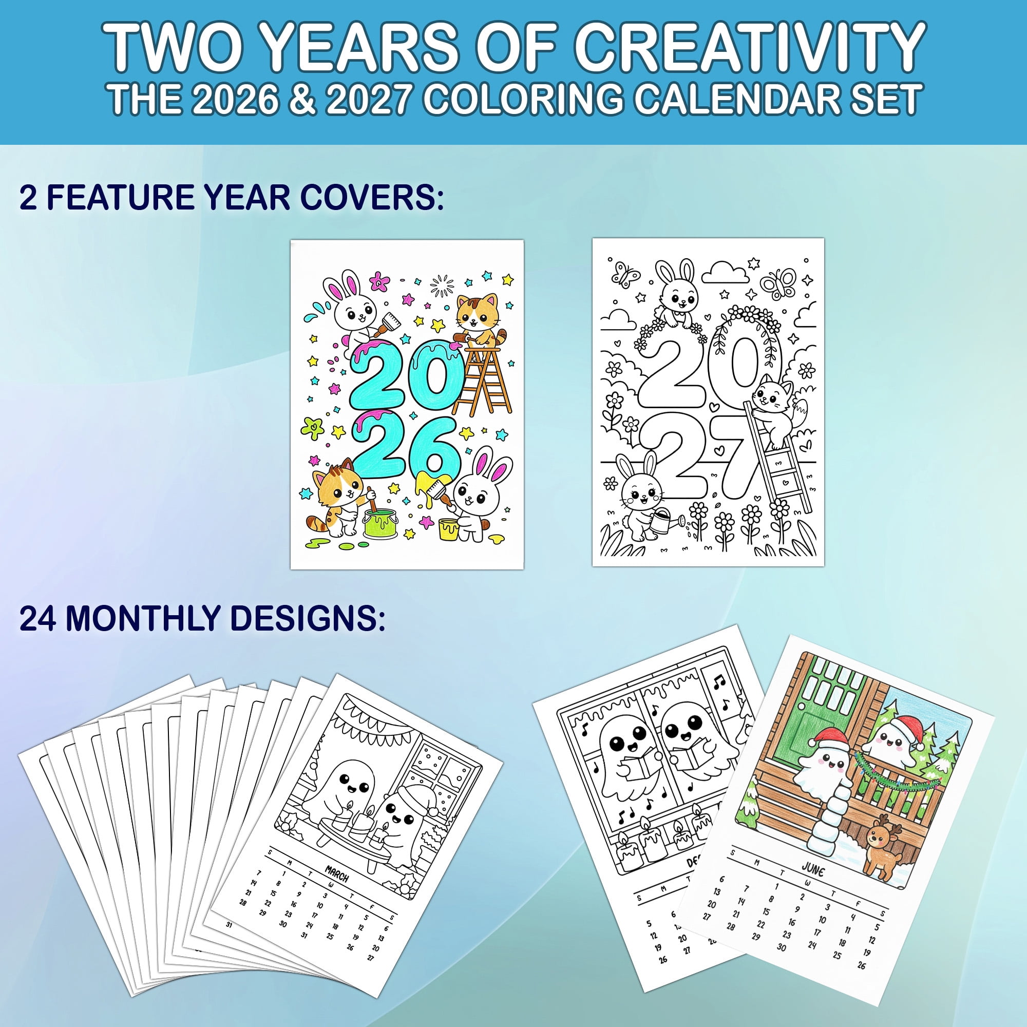 Spooky Xmas Coloring Desk Calendar 2026–2027, A5 Wooden Cover Planner with 26 Easy Coloring Pages for Adult Relaxation, 24 Month Desktop Calendar with Stand, Gift for Family & Friends