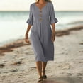 thumbnail image 6 of Smsaxvxz Women's Summer Dresses Fashion Solid Button V-neck Ruffle Short Sleeve Casual Loose Beach Vacation Midi Dress Gray L, 6 of 9