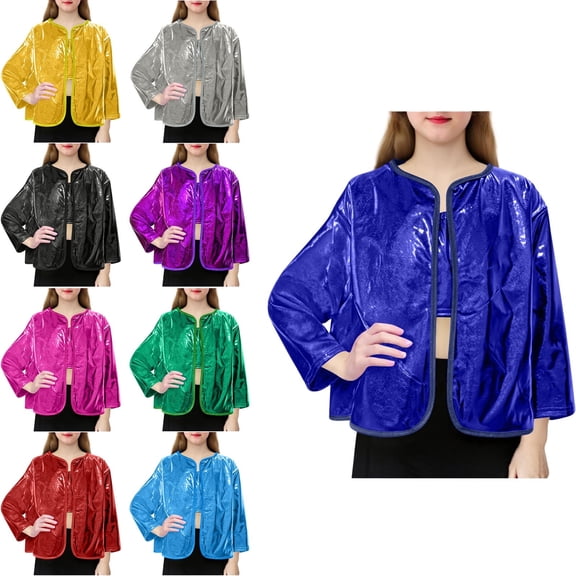 Teylalorva Girls Sequin Jacket Sparkle Laser Open Front Cardigan Stage Performance Long Sleeve Outerwear (1-16) Blue Size 4T