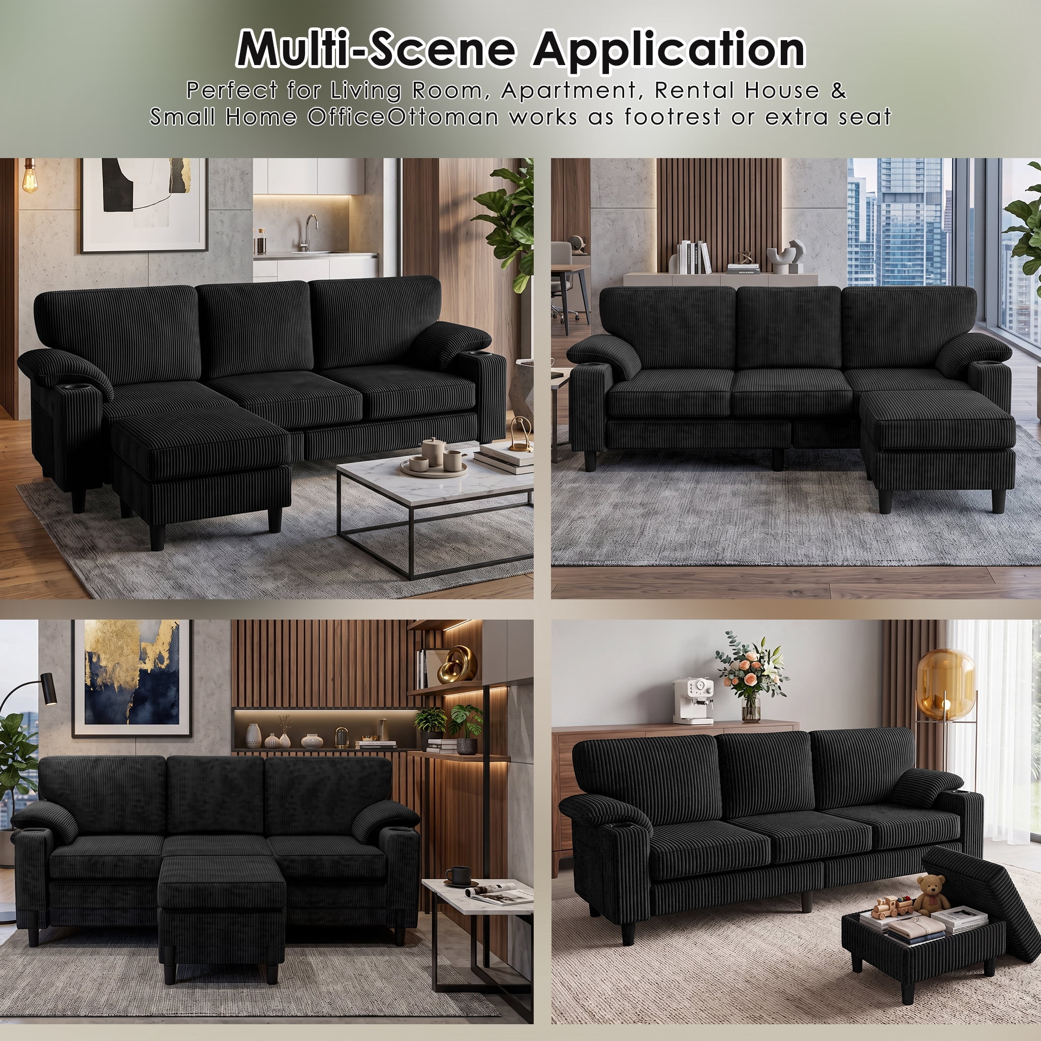 Anpport 80" L‑Shaped Corduroy Sectional Sofa, 3‑Seater Couch with Storage Ottoman, USB Port & Cup Holders for Small Spaces, Black