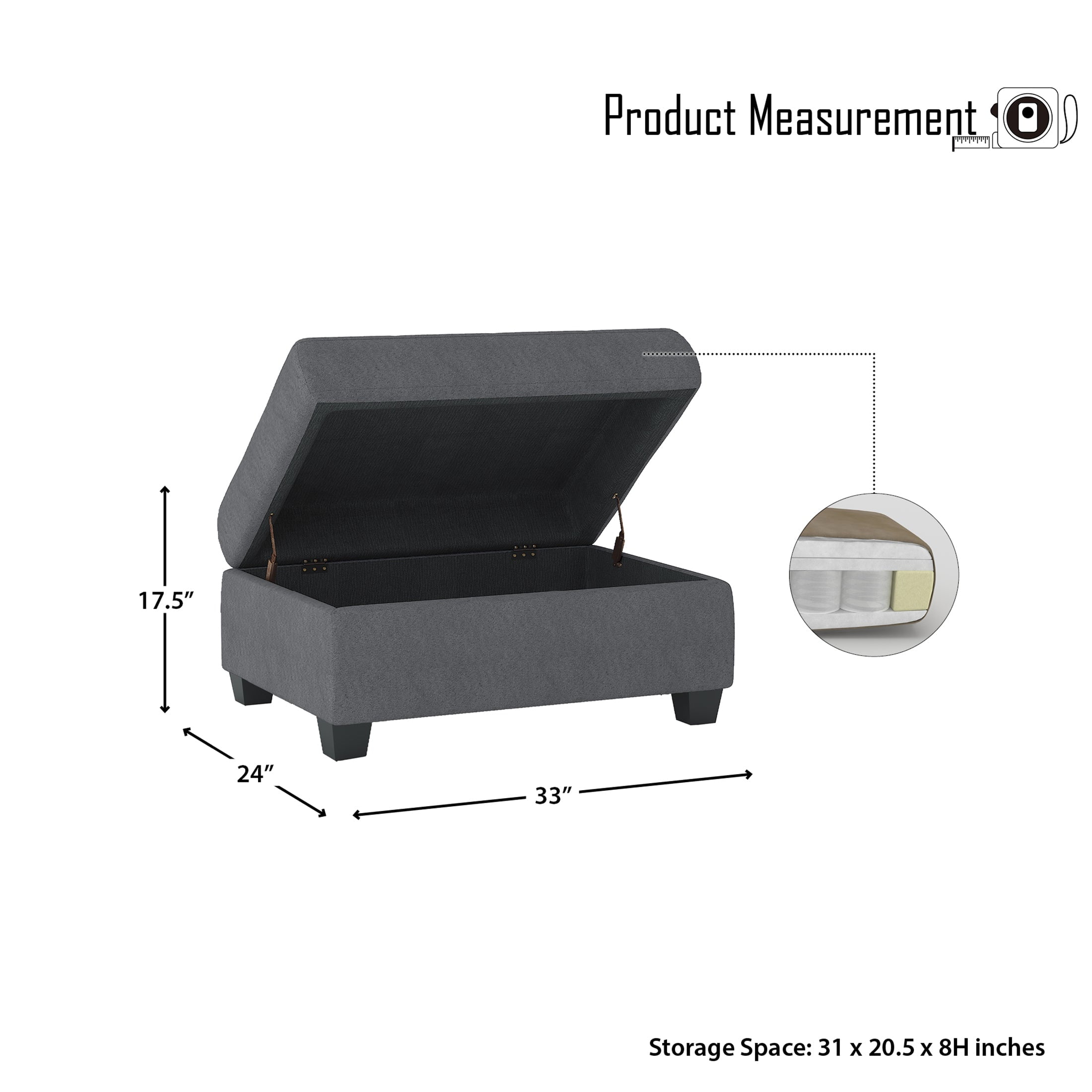 OakvillePark Granby Microfiber Fabric Upholstered Storage Ottoman, Dark Gray