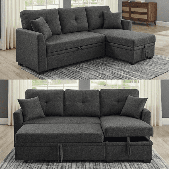 Convertible Sleeper Sofa Bed, 76.5" L Shaped Sectional Couch Pull Out Bed Reversible Storage Chaise Compact Linen Sofa Small Space Apartment Living Room,Charcoal Black(Thickened version)