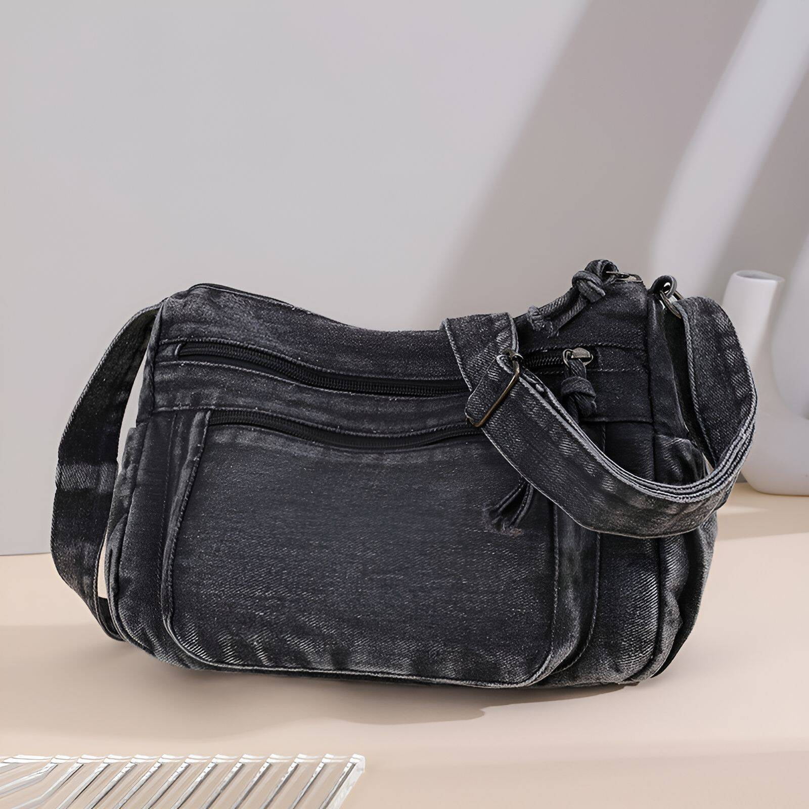 TELOLY Denim Purse,Vintage Fabric Denim Purses for Women,Unique Texture Denim Bag,Black