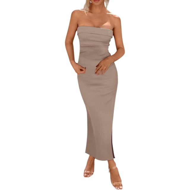 Vestido largo sin tirantes para mujer: elegante vestido de cóctel con abertura lateral, tejido de poliéster, vestido para invitada de boda, tallas S-XXL, contorno de pecho 73-99 cm.