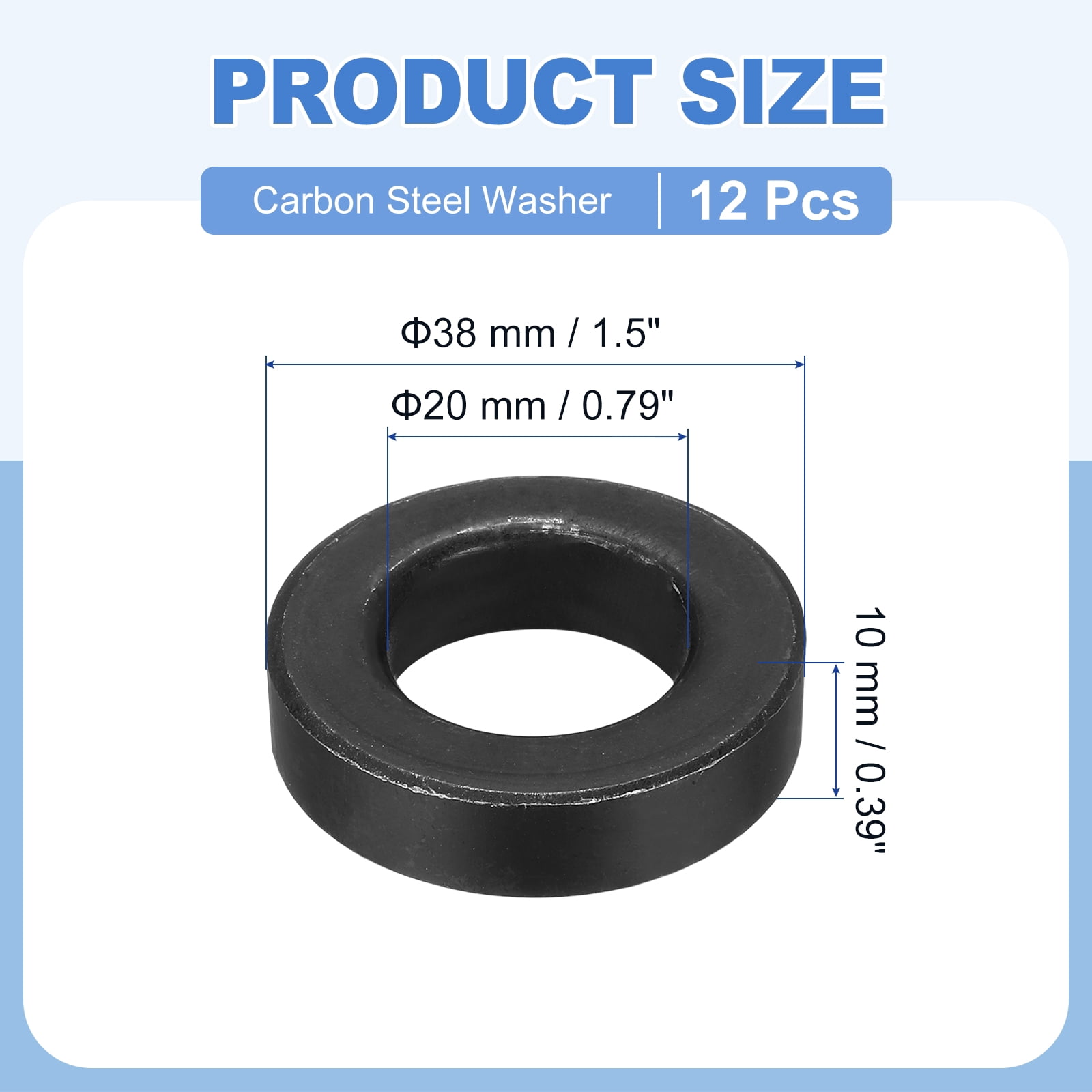 Uxcell 12pcs Black Flat Washer for M20 Screw, Steel Metal Washers 20mm ID 38mm OD 10mm l for Industrial, Screws Bolts