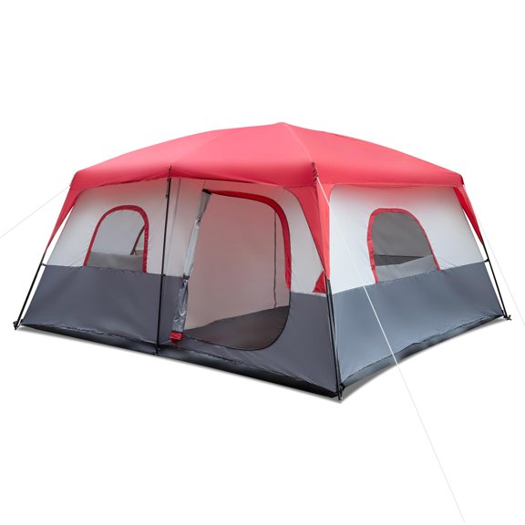 14-Person Camping Tent - 430x430x210cm, Durable Polyester with Fiberglass Poles, Red & White Outdoor Shelter