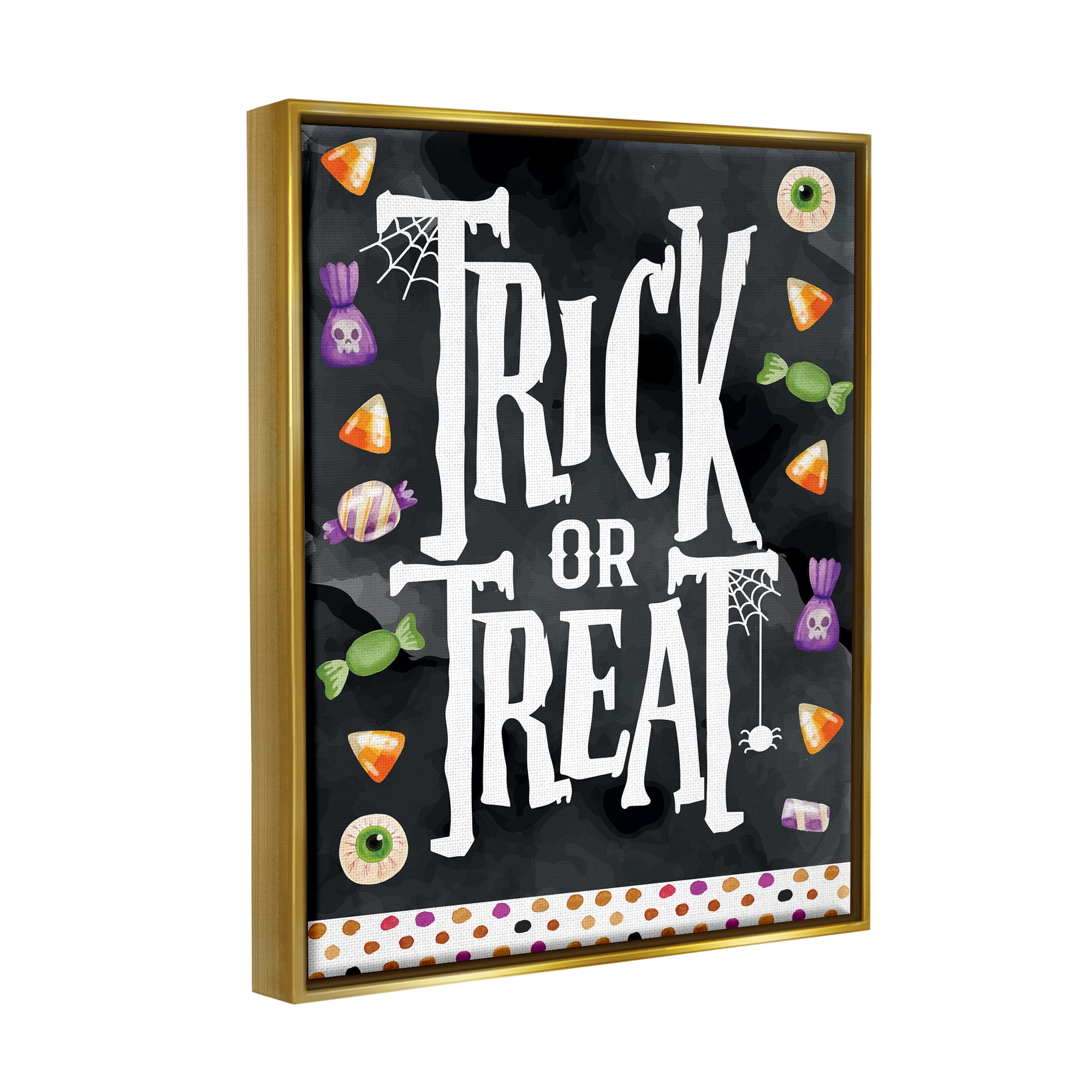 Stupell Industries Trick Or Treat Halloween Candy Holiday Painting Gold Floater Framed Art Print Wall Art