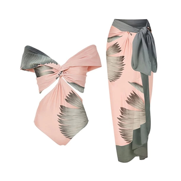Augper Women's Summer French Vintage Printed Swimwear Open Back Sexy Skirt Women's Hot Spring Resort Beach Skirt Two Piece Swimwear