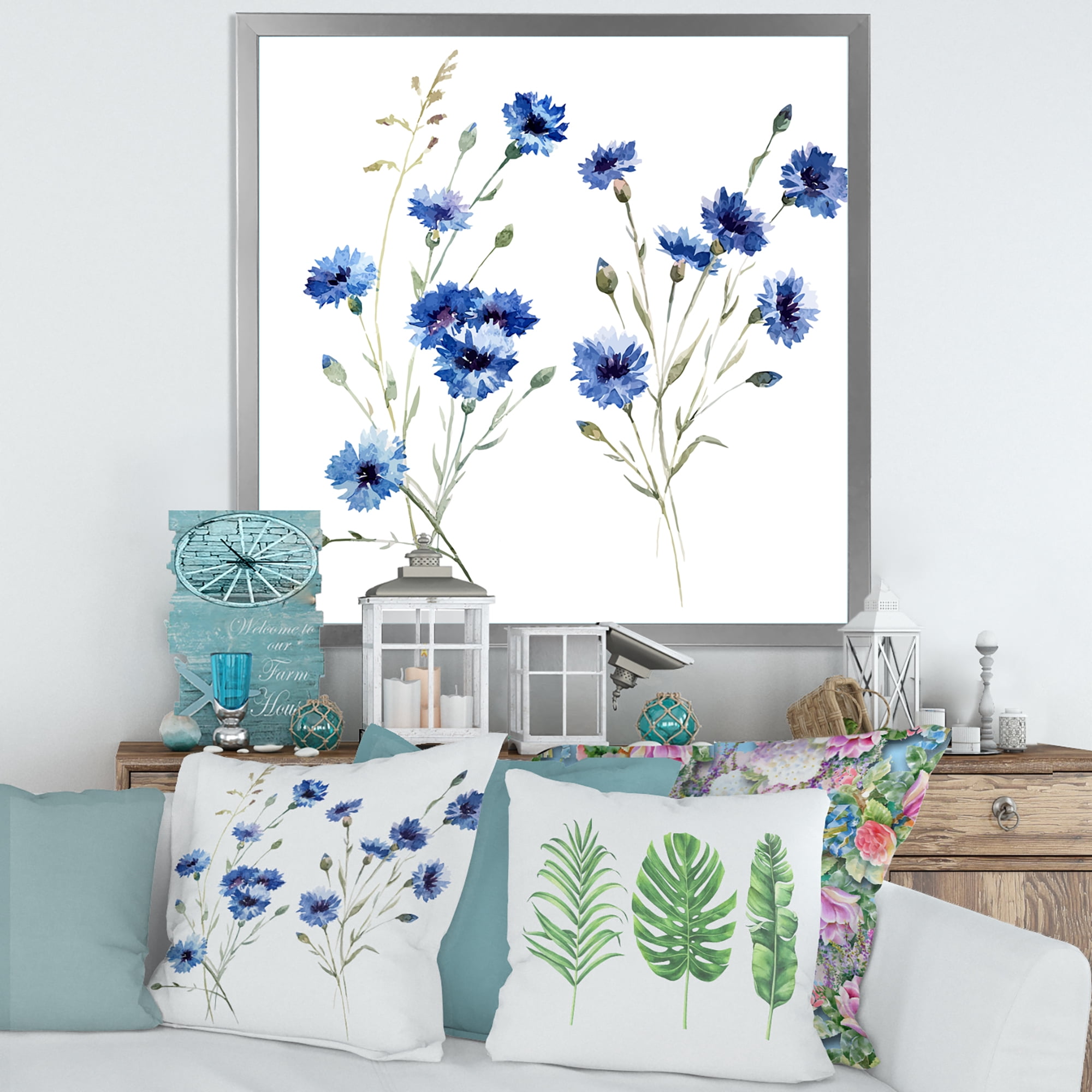 Designart 'Blue Cornflowers With Green Leaves On White III' Traditional Framed Art Print