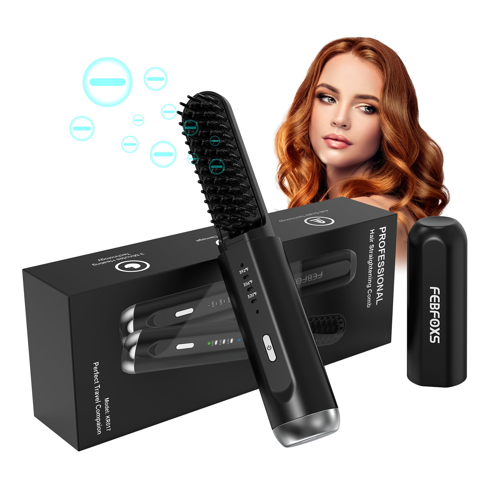 Febfoxs Negative Ion Hair Straightener Brush,Wireless Hair