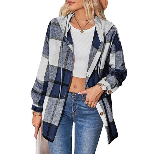 Abrigo a cuadros para mujer, chaqueta con botones y capucha, ajuste holgado, informal, a la moda, para otoño e invierno, azul oscuro XXL