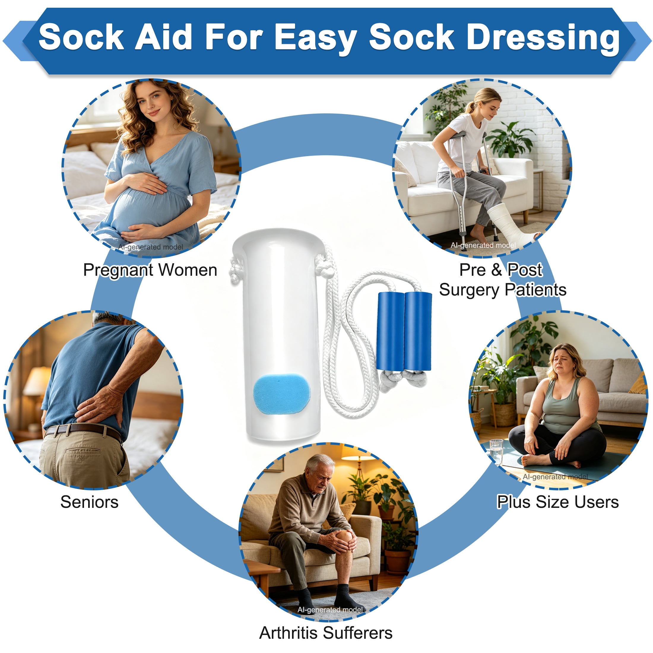 Sock Aid, Sock Aids for Putting On Socks, Sock Assistant Device No Bending with Foam Handles Easy On Easy Off, Sock Helpers to Put On Your Socks for Seniors, Elderly, Pregnant, After Surgery Recovery