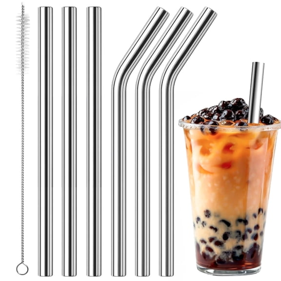 UNIWELL 6Pack 8.3inch 10mm Reusable Stainless Steel Straws for 30oz Tumbler, Food Grade, 3 Straight 3 Bent with Brush for Smoothie & Milkshake