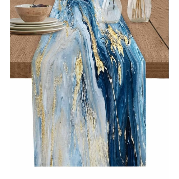 Turquoise Blue Table Runner-Cotton Linen- 120 Inch Holiday Dresser Scarves, Abstract Marble Gold Waves Gradient Tablerunner for Kitchen Coffee/Dining Bedroom Living Room Dinner Scarf Décor 13x120